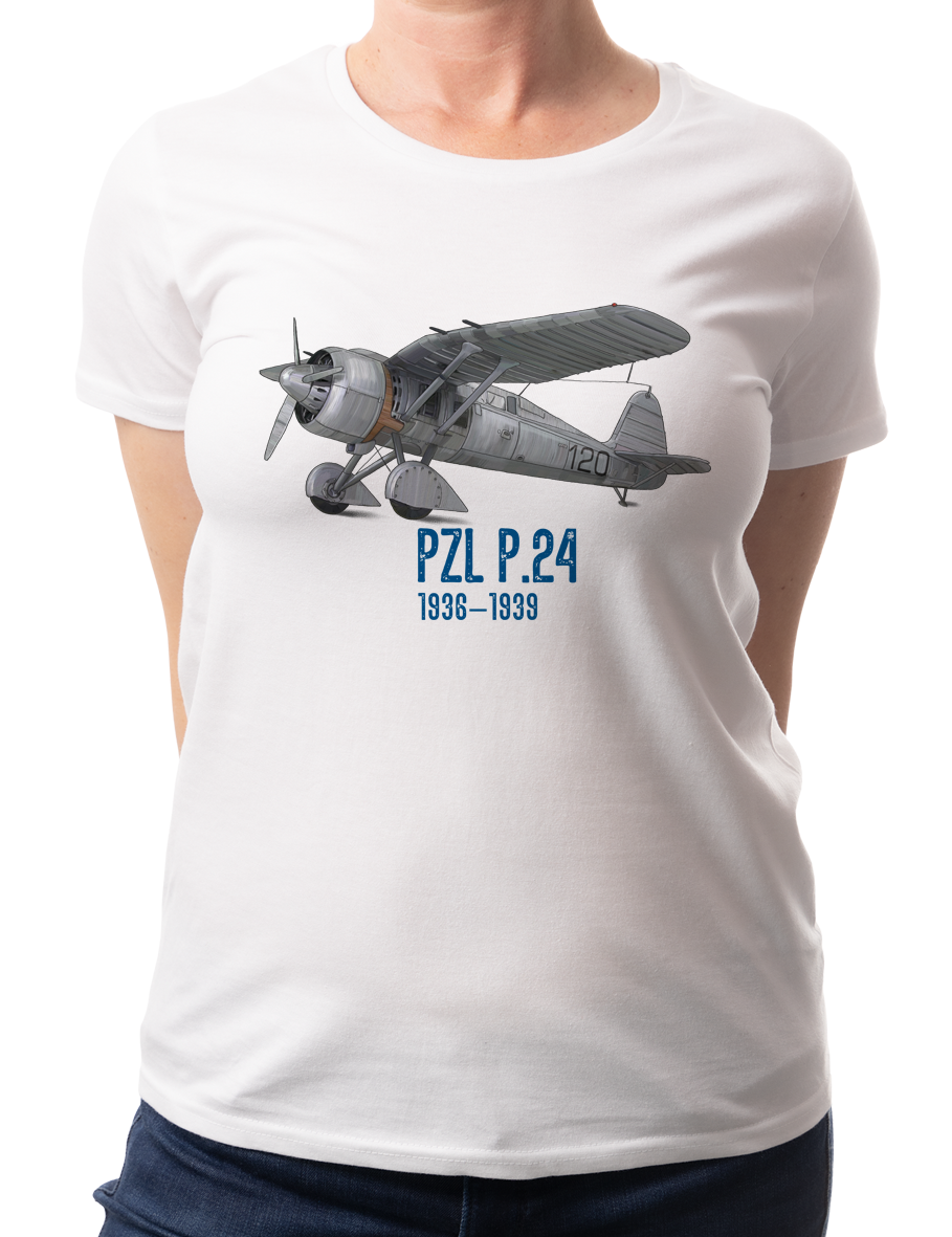 PZL P.24 — koszulka (Kolor koszulki: biały; Rozmiar: S (damska); Rodzaj nadruku: PZL P.24)