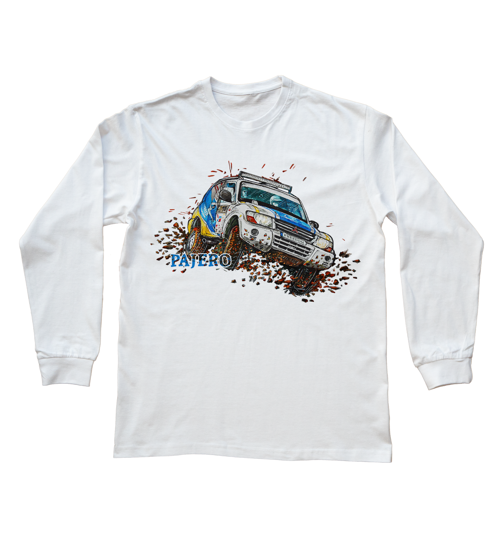 Mitsubishi Pajero — bluzka z długim rękawem (Rozmiar: XL (dorosła); Kolor koszulki: biały; Rodzaj nadruku: Mitsubishi Pajero)
