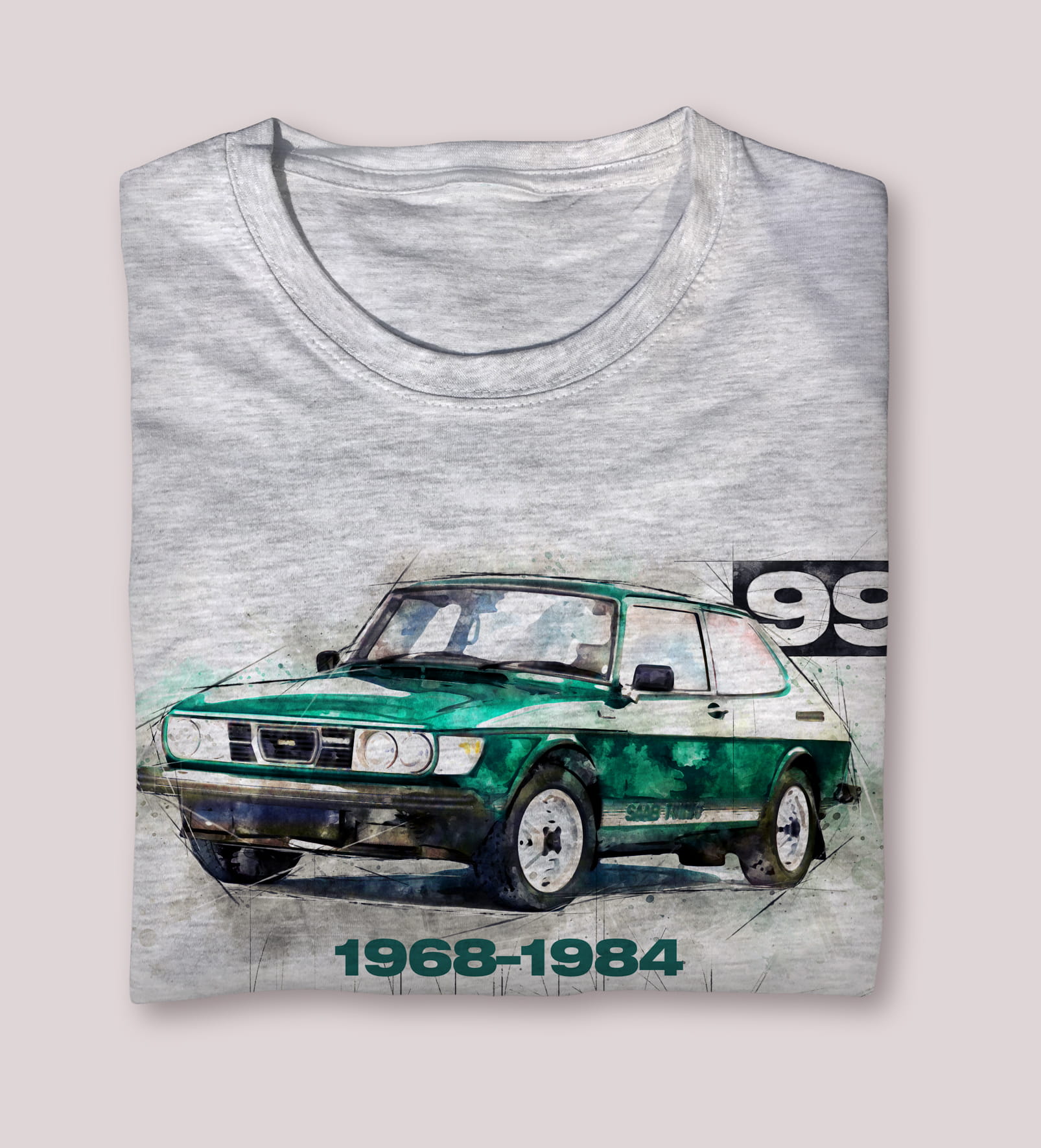 Saab 99 — koszulka (Kolor koszulki: jasnoszary melanż; Rozmiar: 12 - 14 lat; Rodzaj nadruku: Saab 99)