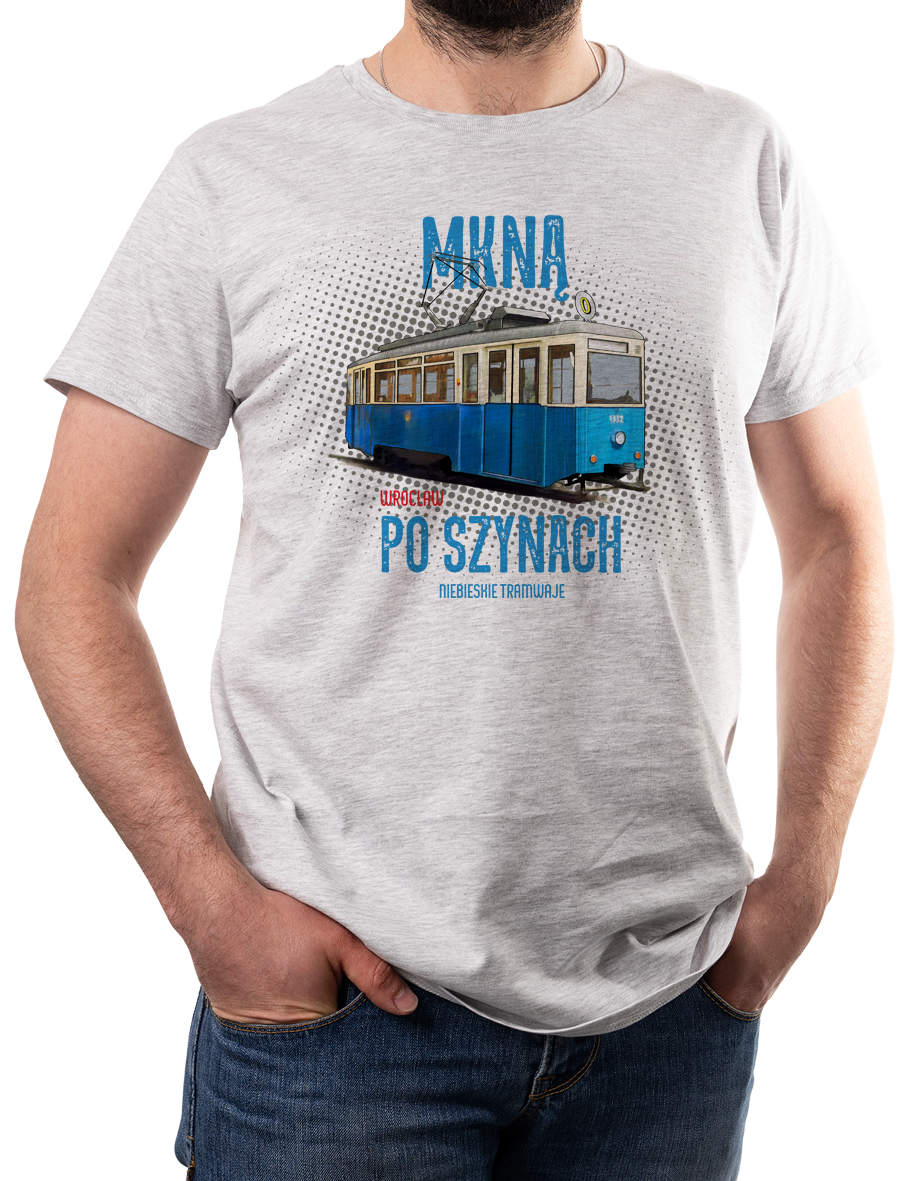 Konstal N — koszulka (Kolor koszulki: jasnoszary melanż; Rozmiar: XXL (męska); Rodzaj nadruku: Konstal N — wrocławski tramwaj)