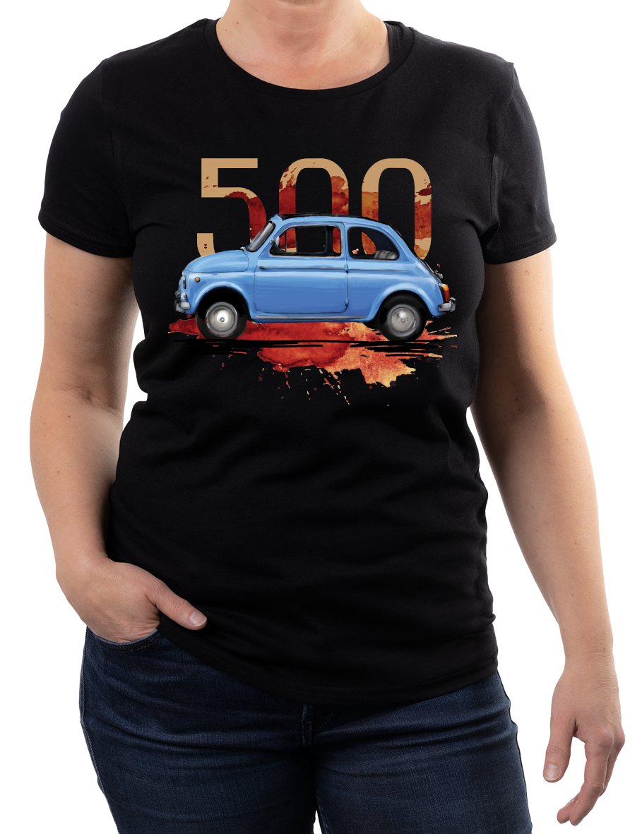 Fiat 500 — koszulka (Kolor koszulki: czarny; Rozmiar: 3XL (damska); Rodzaj nadruku: Fiat 500)