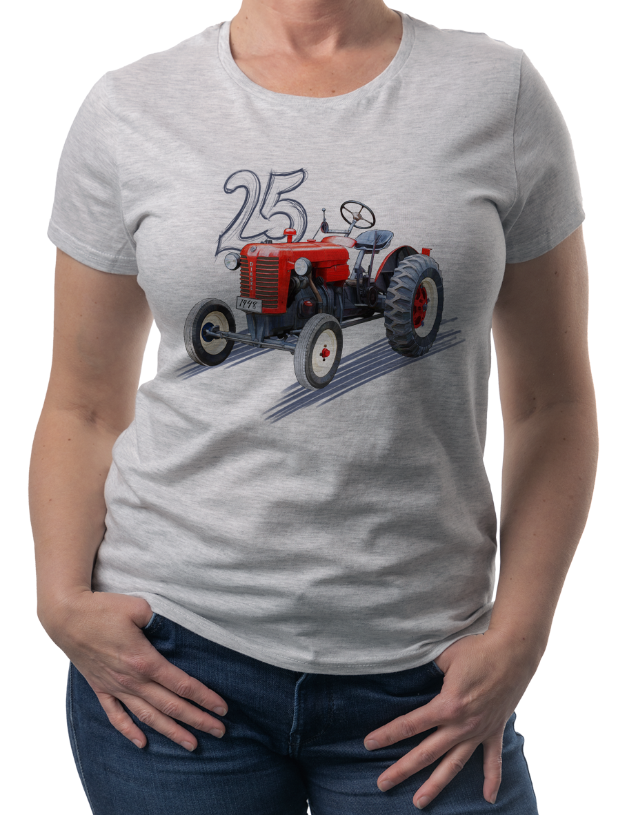 Zetor 25 — koszulka (Kolor koszulki: jasnoszary melanż; Rozmiar: 3XL (damska); Rodzaj nadruku: Zetor 25)