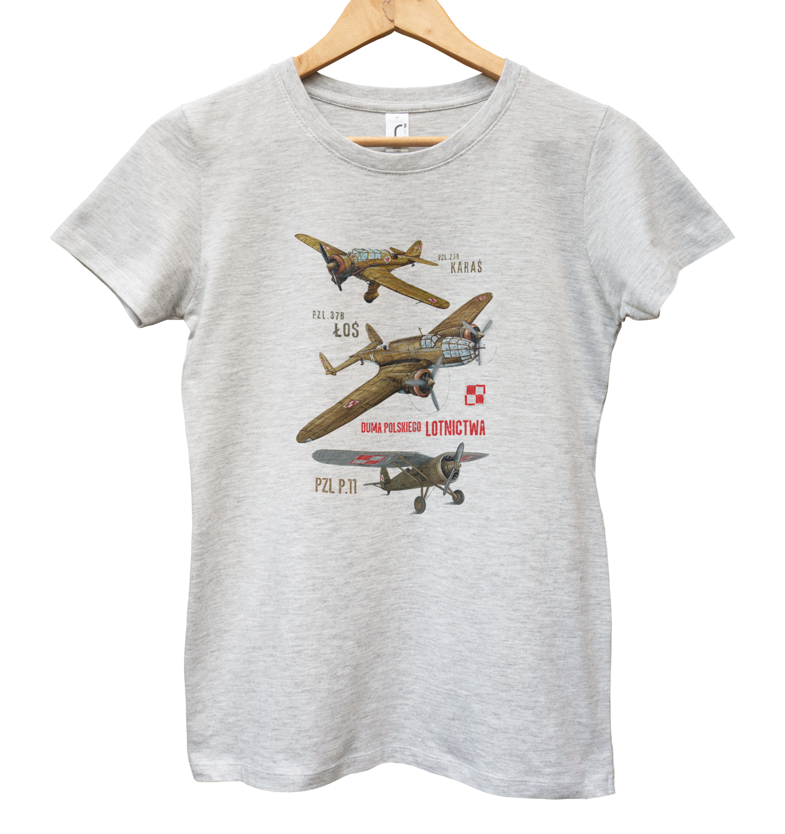 Koszulka dla fana samolotów (Kolor koszulki: jasnoszary melanż; Rozmiar: 3XL (damska); Rodzaj nadruku: LOTMIX)