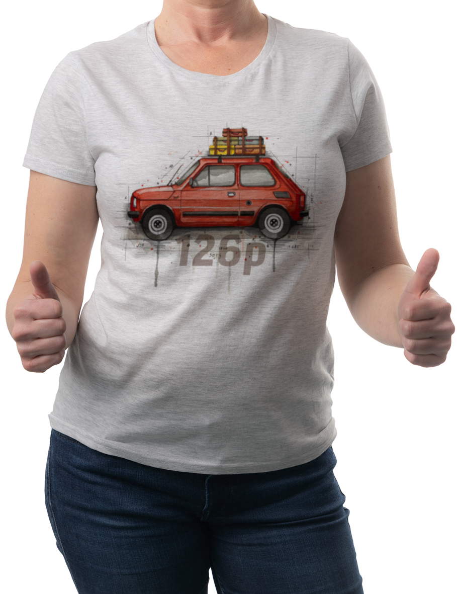 Fiat 126p — koszulka (Kolor koszulki: jasnoszary melanż; Rozmiar: 3XL (damska); Rodzaj nadruku: Fiat 126p)