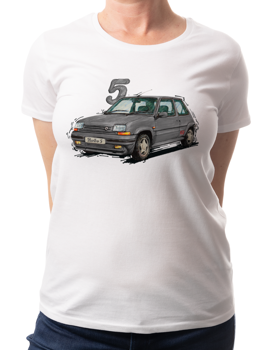 Renault 5 — koszulka (Kolor koszulki: biały; Rozmiar: XL (damska); Rodzaj nadruku: Renault 5)