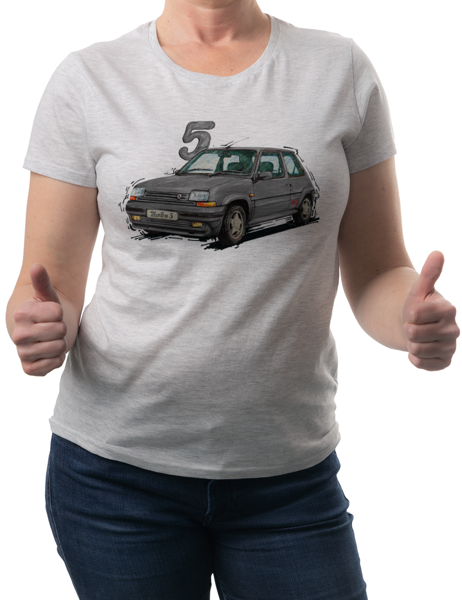 Renault 5 — koszulka (Kolor koszulki: jasnoszary melanż; Rozmiar: S (damska); Rodzaj nadruku: Renault 5)