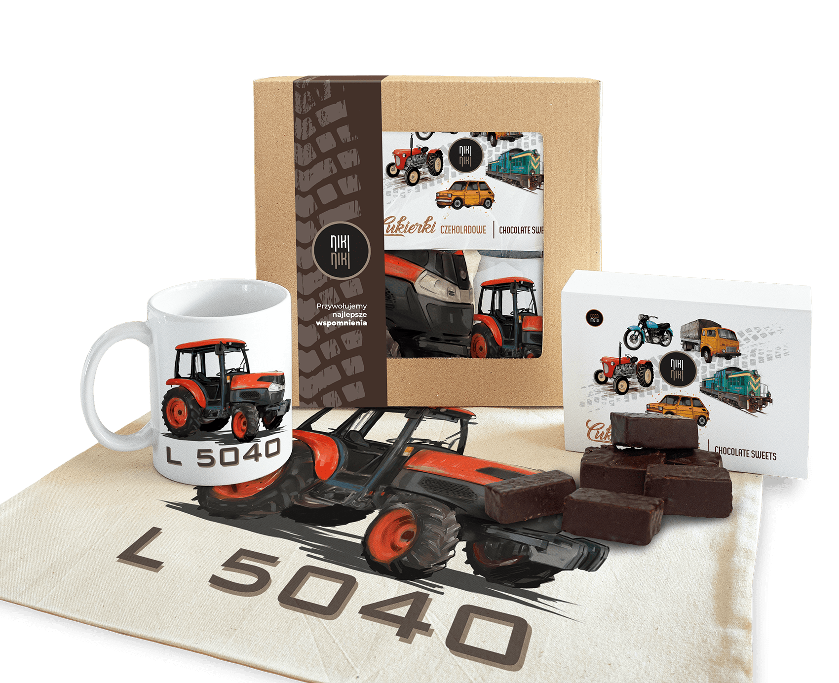 Kubota — paczka (Zawartość paczki: koszulka, torba, kubek, słodycze; Rozmiar koszulki / bluzy: 3XL (damska); Kolor koszulki / bluzy: czarny; Rodzaj na