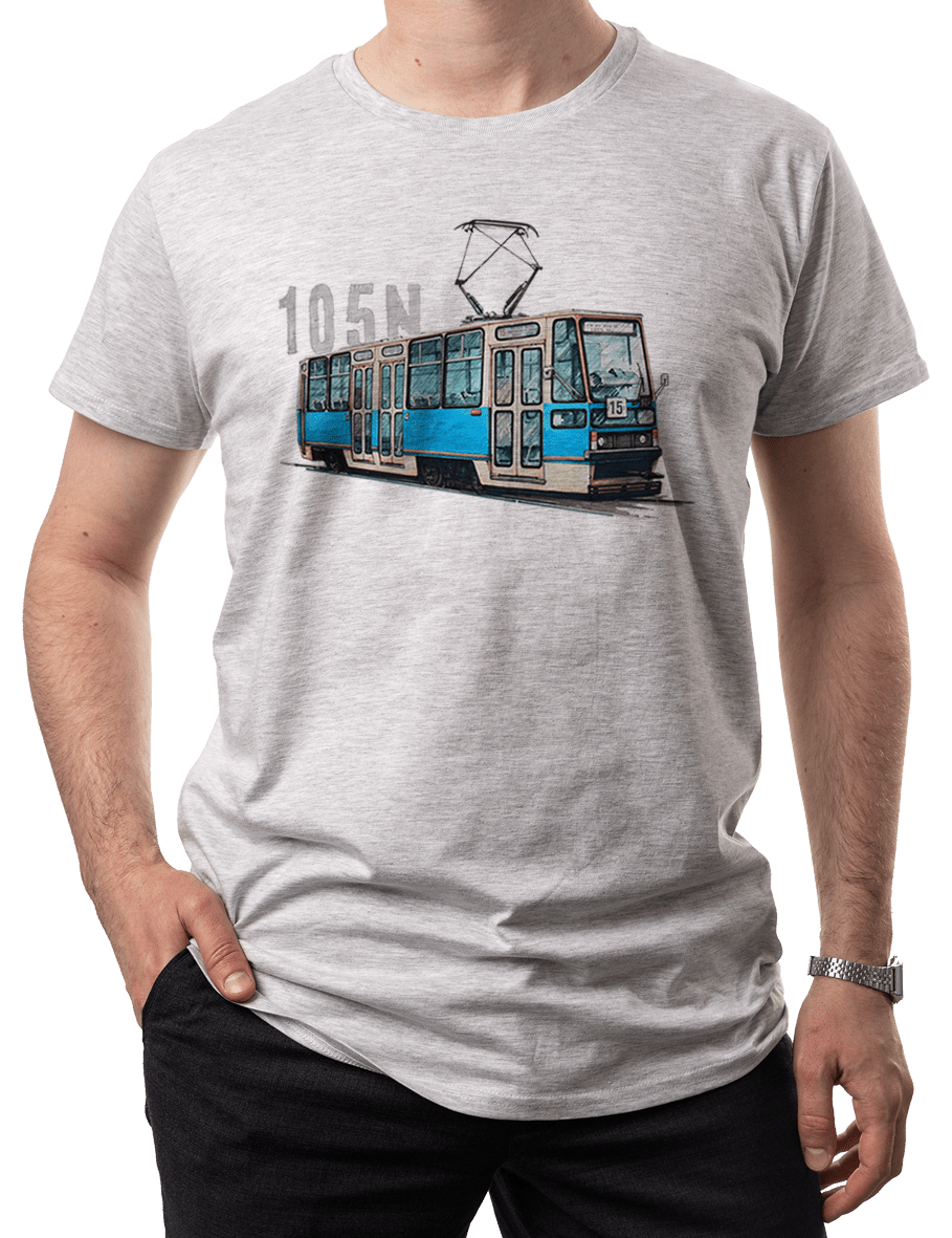 Konstal 105N — koszulka (Kolor koszulki: jasnoszary melanż; Rozmiar: 5XL (męska); Rodzaj nadruku: Konstal 105N)