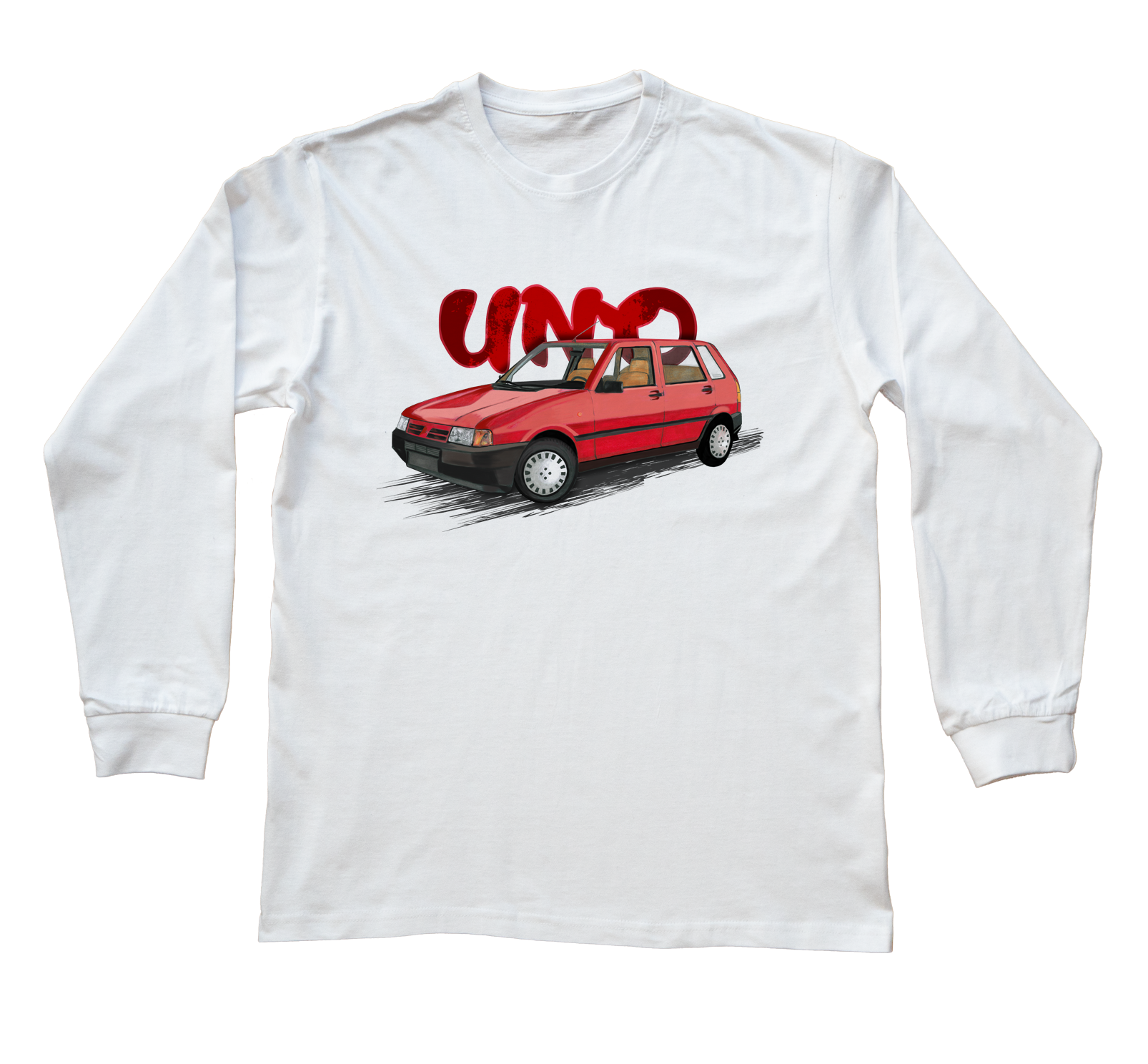 Fiat Uno — bluzka z długim rękawem (Rozmiar: S (dorosła); Kolor koszulki: biały; Rodzaj nadruku: Fiat Uno)