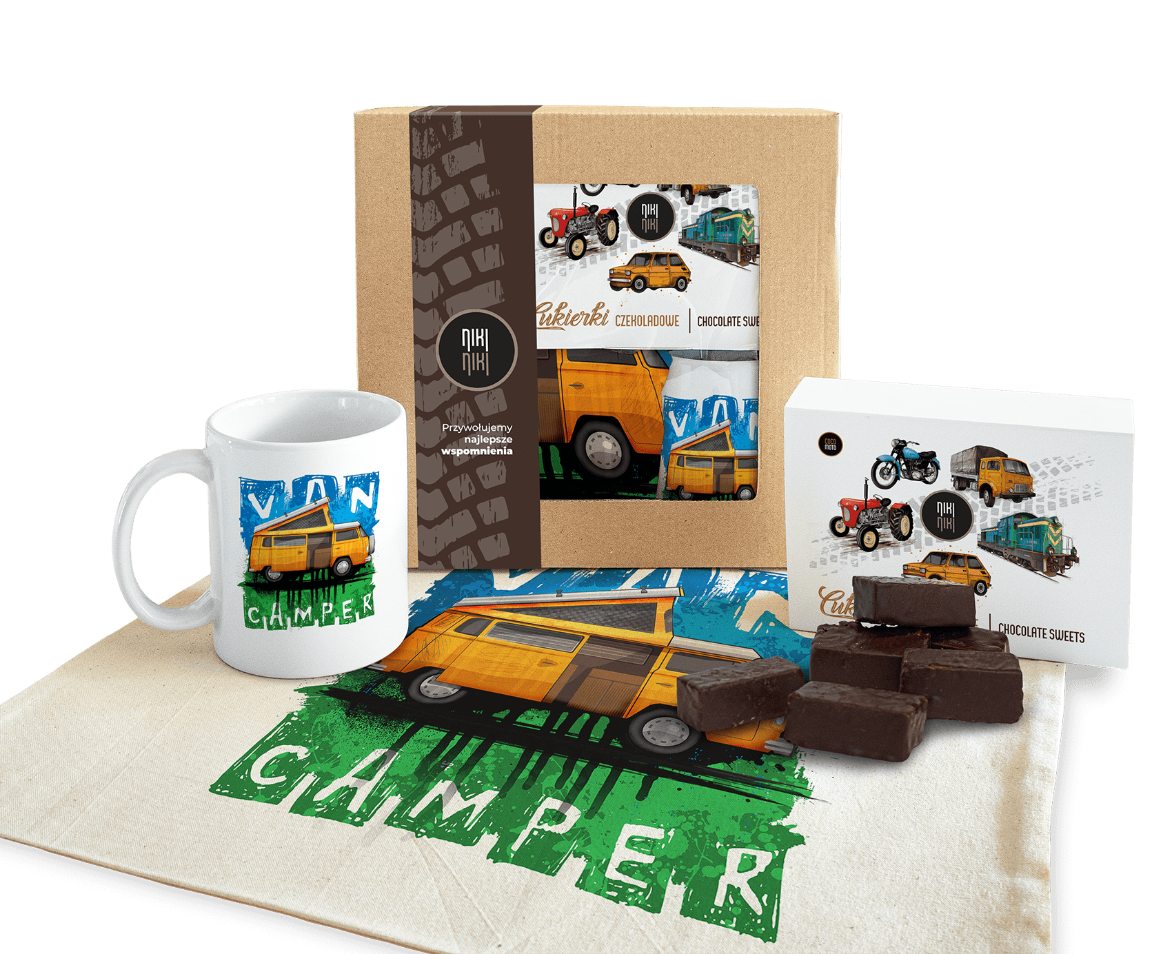 Kamper — paczka (Zawartość paczki: koszulka, torba, kubek, słodycze; Rozmiar koszulki / bluzy: 7 - 8 lat; Kolor koszulki / bluzy: czarny; Rodzaj nadru