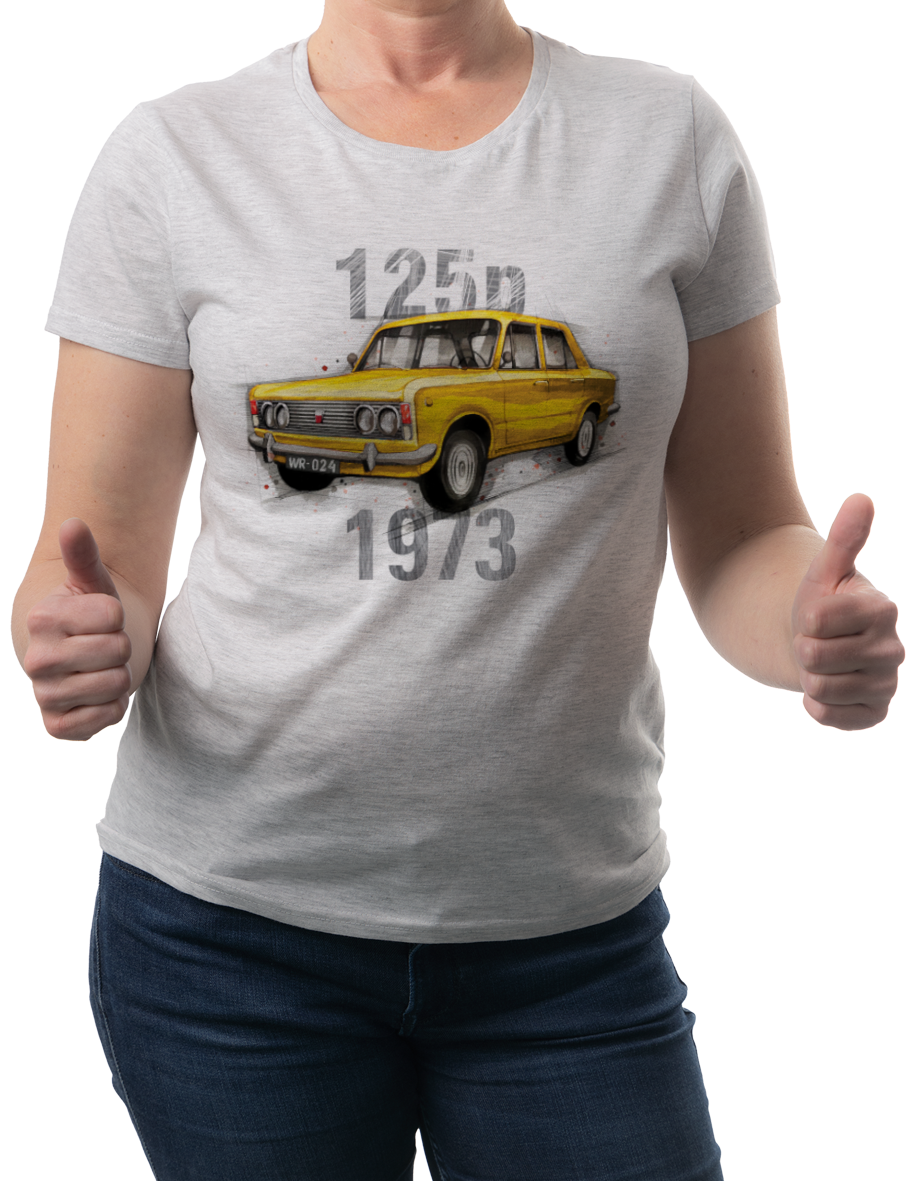 Fiat 125p — koszulka (Kolor koszulki: jasnoszary melanż; Rozmiar: XXL (damska); Rodzaj nadruku: Fiat 125p)