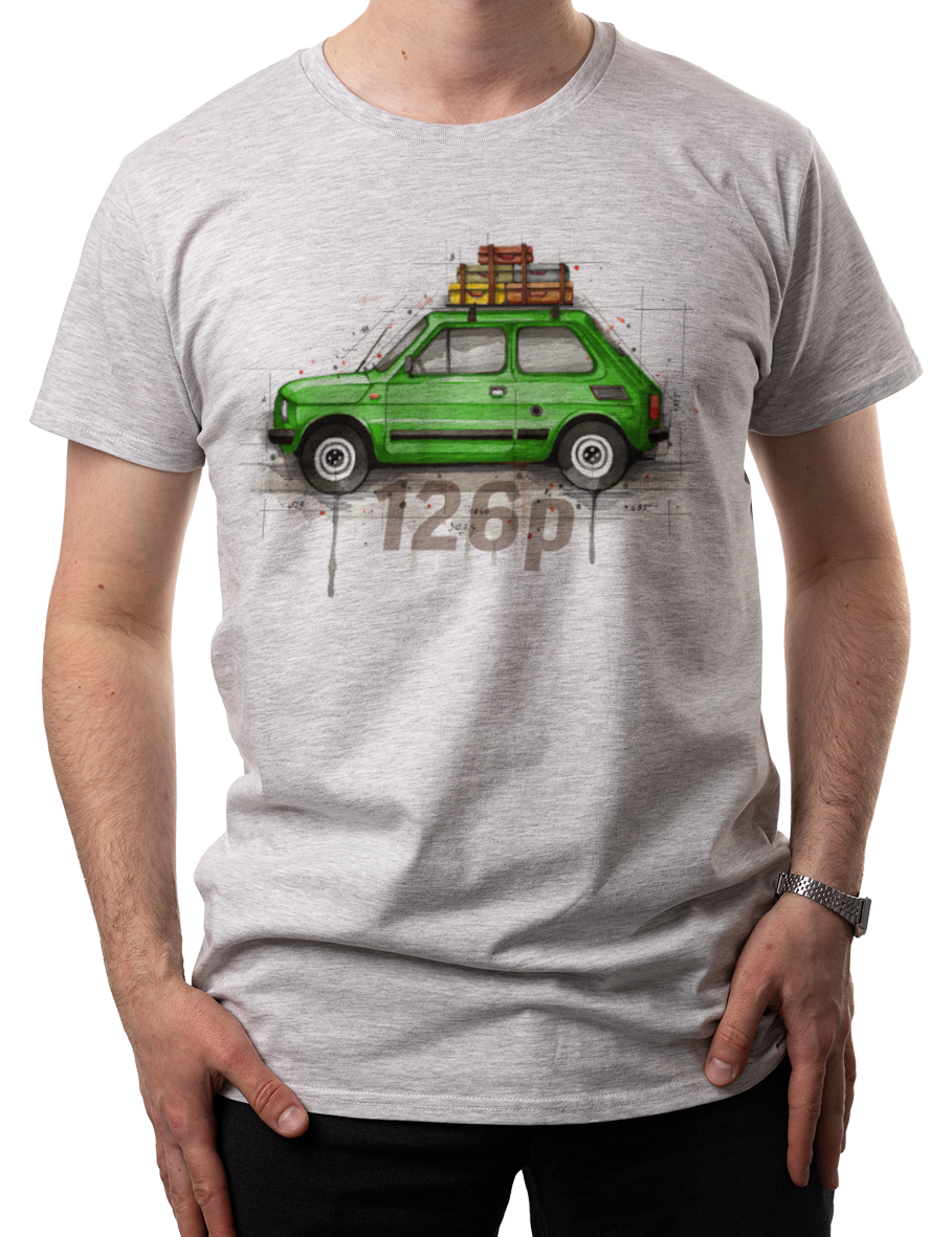 Fiat 126p — koszulka (Kolor koszulki: jasnoszary melanż; Rozmiar: M (męska); Rodzaj nadruku: Fiat 126p)