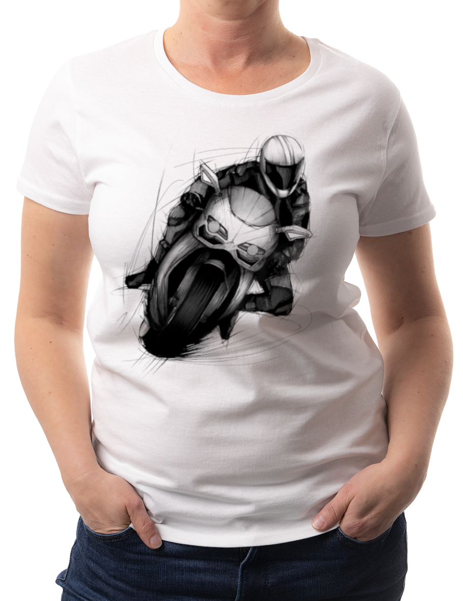 Ścigacz — koszulka (Kolor koszulki: biały; Rozmiar: 3XL (damska); Rodzaj nadruku: Ścigacz)