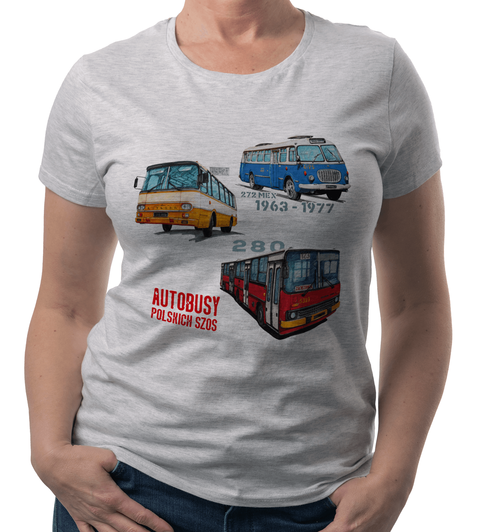 Koszulka dla kierowcy autobusu (Kolor koszulki: jasnoszary melanż; Rozmiar: XL (damska); Rodzaj nadruku: BUSMIX)