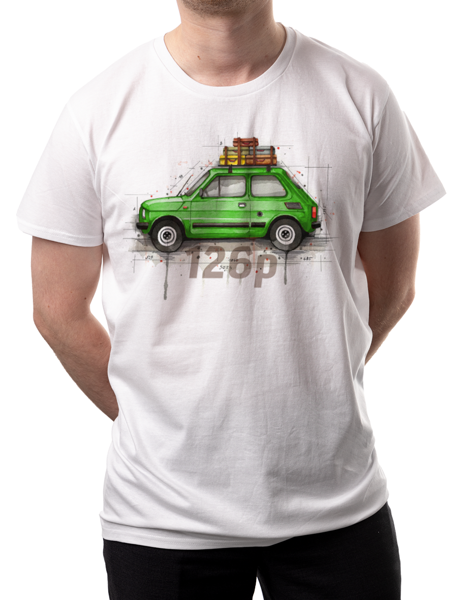 Fiat 126p — koszulka (Kolor koszulki: biały; Rozmiar: 4XL (męska); Rodzaj nadruku: Fiat 126p)