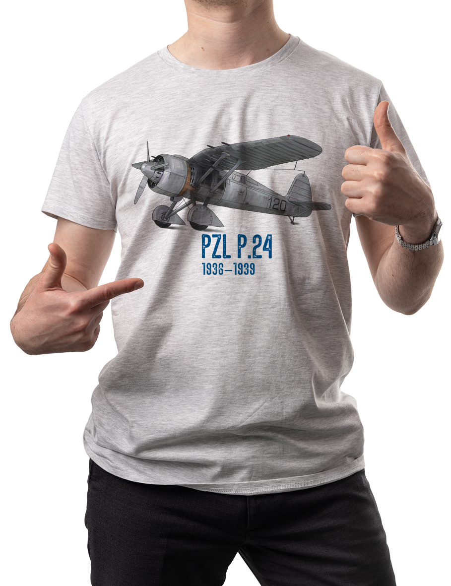 PZL P.24 — koszulka (Kolor koszulki: jasnoszary melanż; Rozmiar: L (męska); Rodzaj nadruku: PZL P.24)