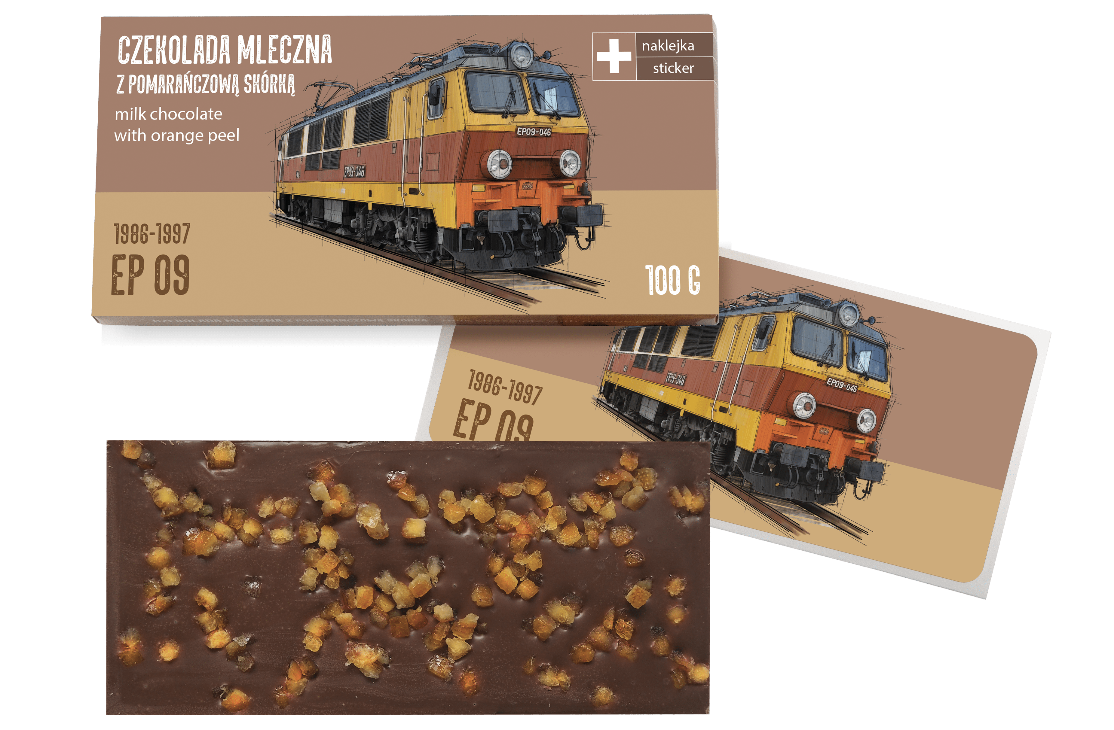 EP09 — czekolada mleczna z pomarańczą z naklejką& CocoMoto