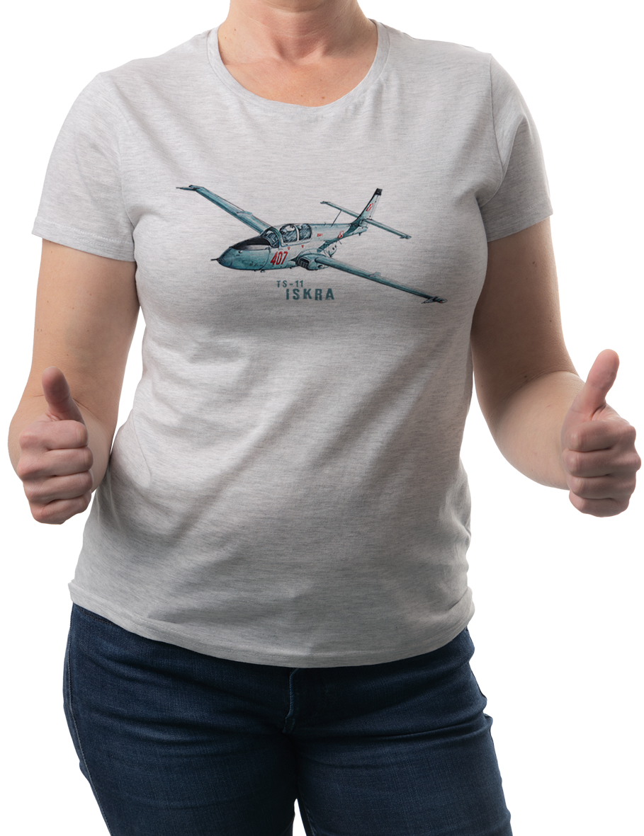 Iskra — koszulka (Kolor koszulki: jasnoszary melanż; Rozmiar: L (damska); Rodzaj nadruku: Iskra)