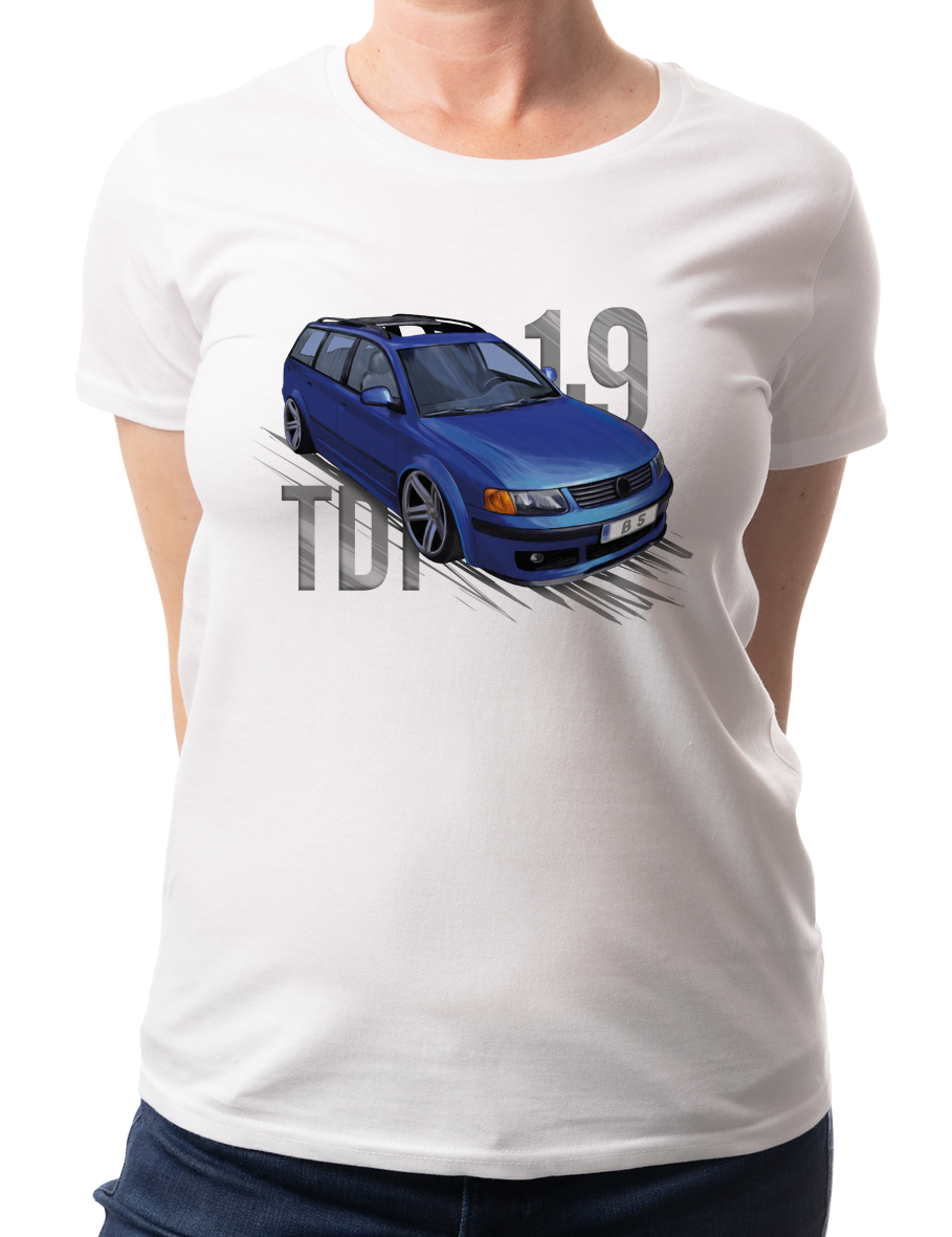 VW Passat B5 — koszulka (Kolor koszulki: biały; Rozmiar: 3XL (damska); Rodzaj nadruku: Volkswagen Passat B5)