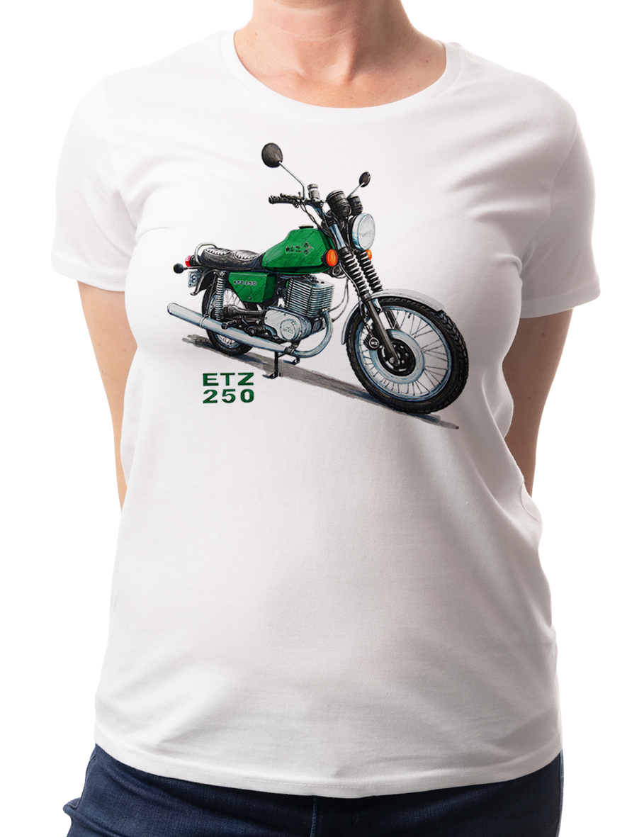 MZ ETZ 250 — koszulka (Kolor koszulki: biały; Rozmiar: L (damska); Rodzaj nadruku: MZ ETZ 250)