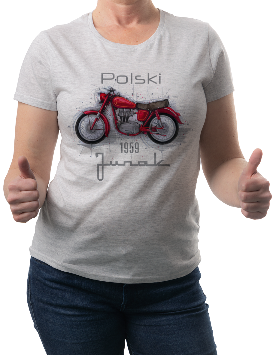 Junak — koszulka (Kolor koszulki: jasnoszary melanż; Rozmiar: L (damska); Rodzaj nadruku: Junak)