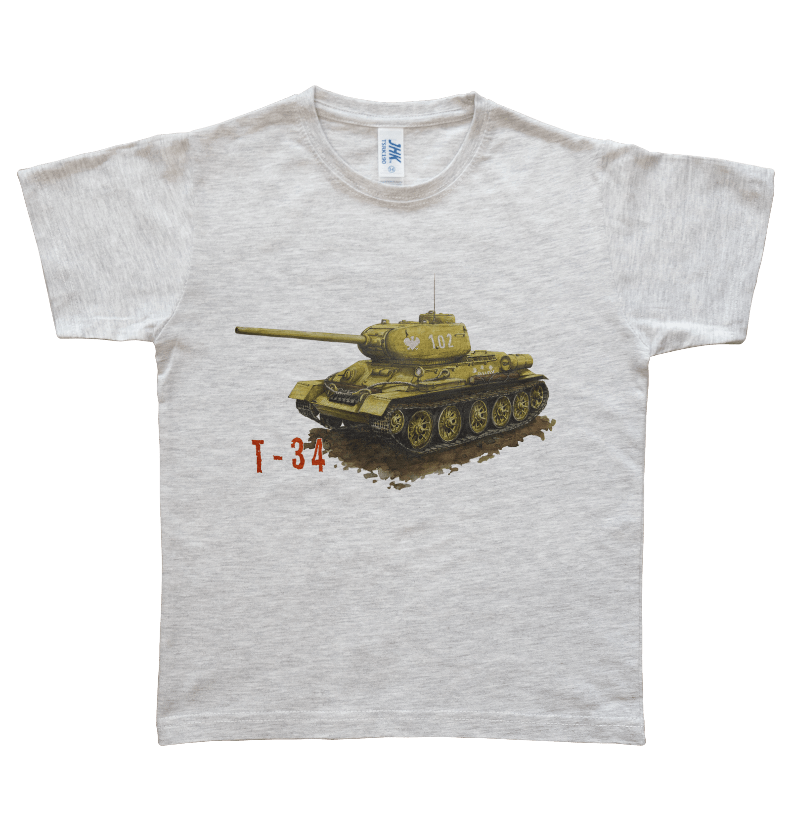 T-34 — koszulka (Kolor koszulki: jasnoszary melanż; Rozmiar: 9 - 11 lat; Rodzaj nadruku: T-34)