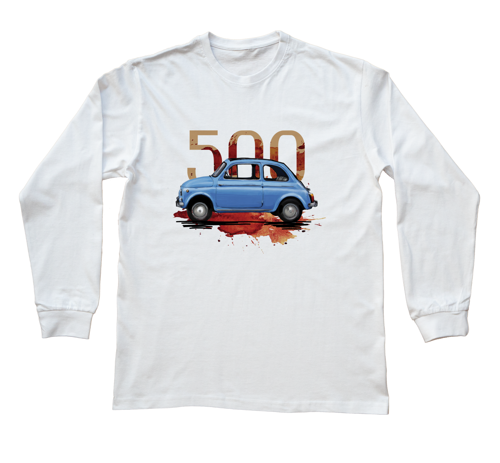 Fiat 500 — bluzka z długim rękawem (Rozmiar: 5 - 6 lat; Kolor koszulki: biały; Rodzaj nadruku: Fiat 500)