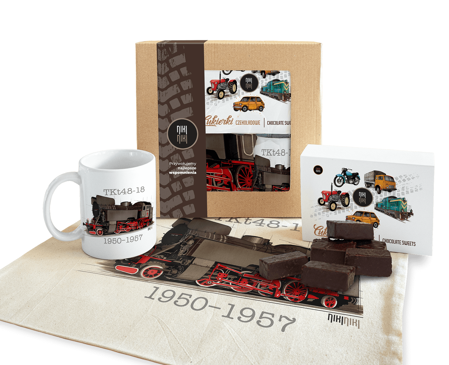 TKt48-18 — paczka (Zawartość paczki: bluza, torba, kubek, słodycze; Rozmiar koszulki / bluzy: M; Kolor koszulki / bluzy: szary; Rodzaj nadruku: Lokomo