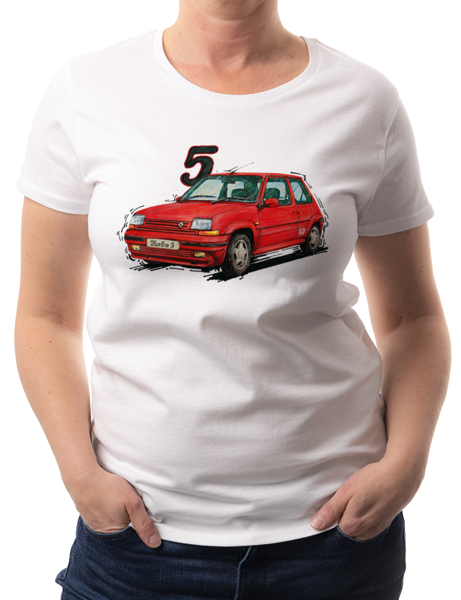 Renault 5 — koszulka (Kolor koszulki: biały; Rozmiar: XXL (damska); Rodzaj nadruku: Renault 5)