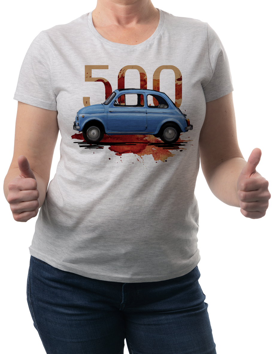 Fiat 500 — koszulka (Kolor koszulki: jasnoszary melanż; Rozmiar: XL (damska); Rodzaj nadruku: Fiat 500)