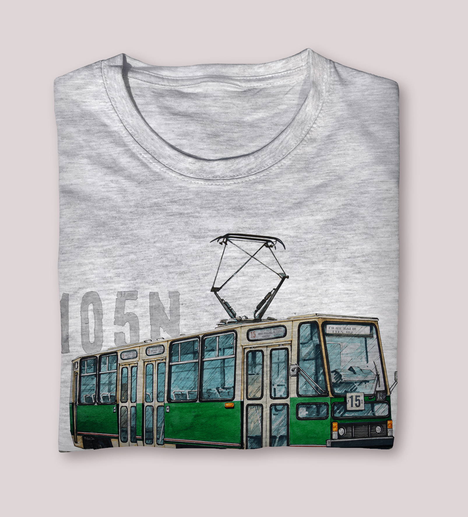 Konstal 105N — koszulka (Kolor koszulki: jasnoszary melanż; Rozmiar: 7 - 8 lat; Rodzaj nadruku: Konstal 105N)