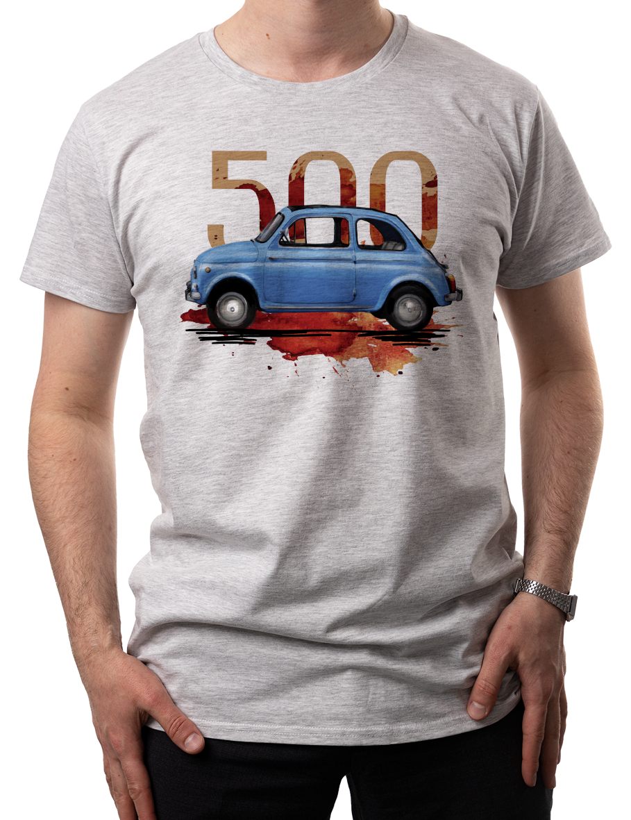 Fiat 500 — koszulka (Kolor koszulki: jasnoszary melanż; Rozmiar: L (męska); Rodzaj nadruku: Fiat 500)