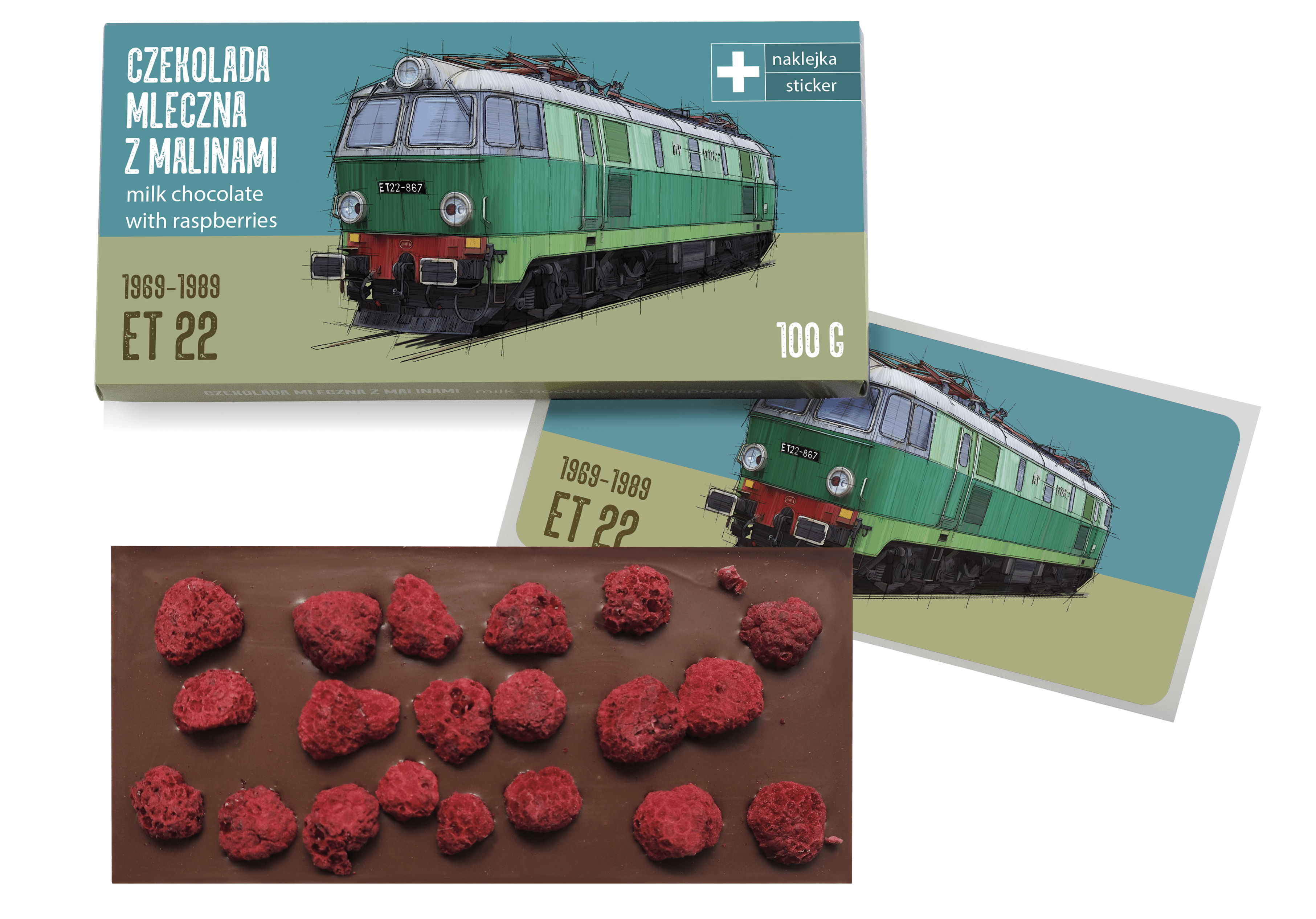 ET22 Byk — czekolada mleczna z malinami z naklejką& CocoMoto