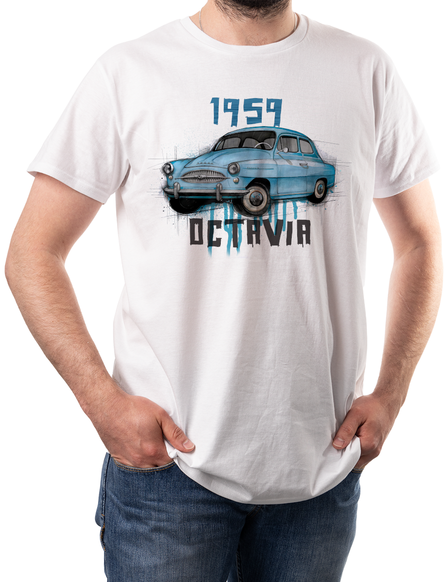 Škoda Octavia — koszulka (Kolor koszulki: biały; Rozmiar: 4XL (męska); Rodzaj nadruku: Škoda Octavia)