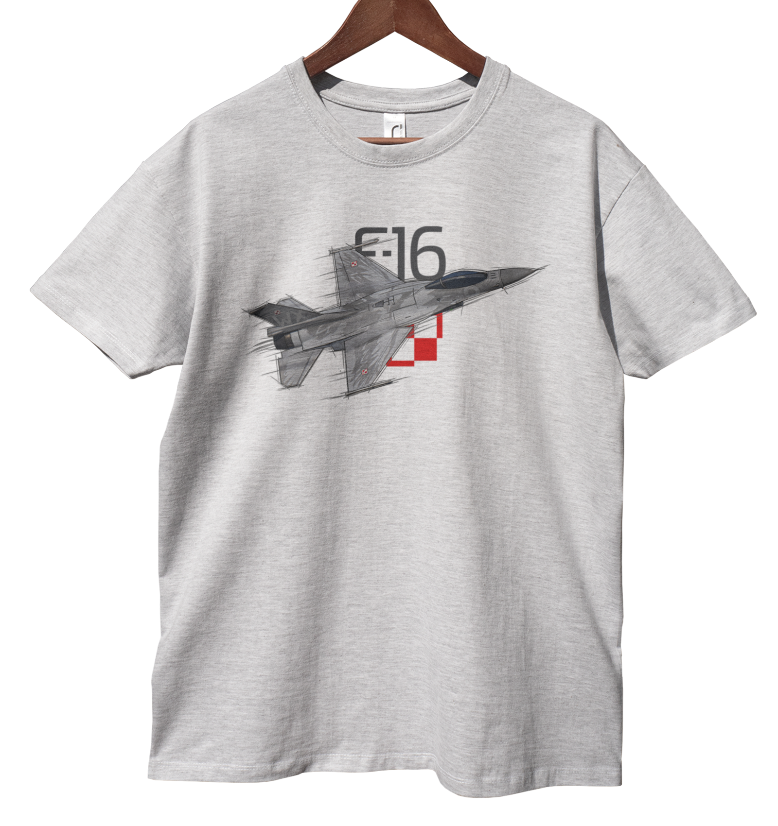 F-16 — koszulka (Kolor koszulki: jasnoszary melanż; Rozmiar: 4XL (męska); Rodzaj nadruku: F-16)