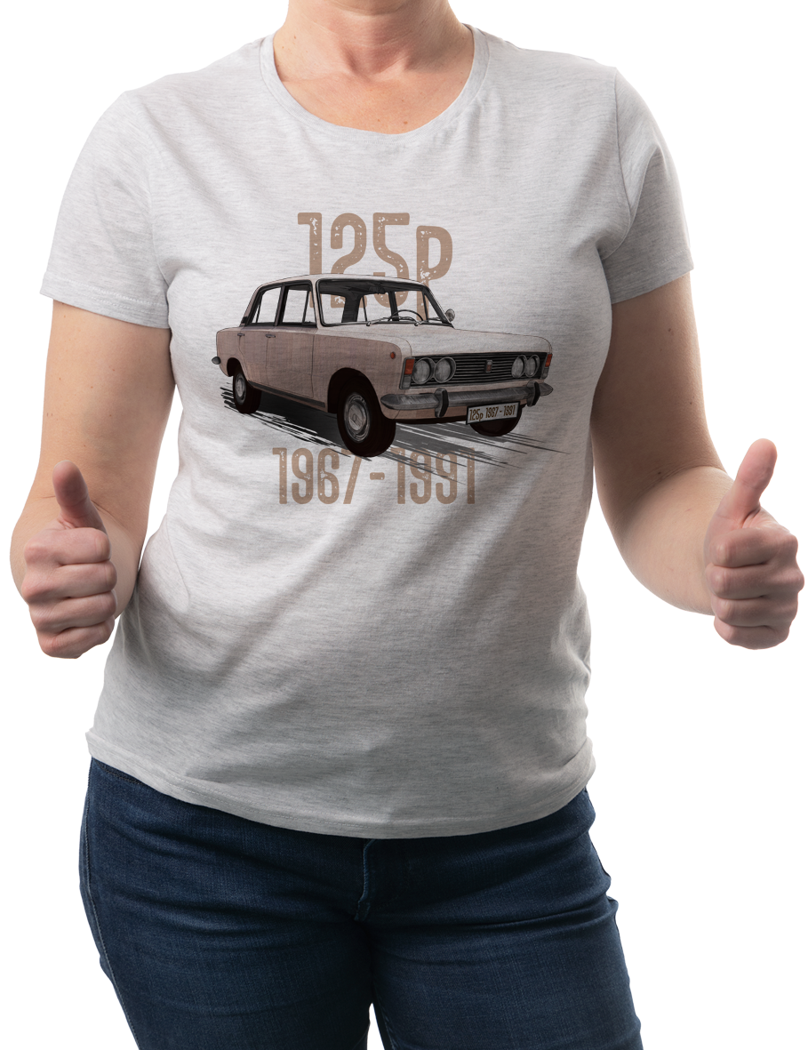 Duży Fiat — koszulka (Kolor koszulki: jasnoszary melanż; Rozmiar: M (damska); Rodzaj nadruku: Duży Fiat)