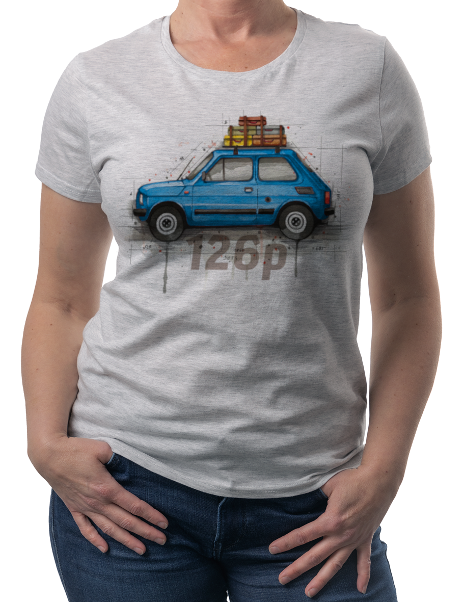 Fiat 126p — koszulka (Kolor koszulki: jasnoszary melanż; Rozmiar: XL (damska); Rodzaj nadruku: Fiat 126p)