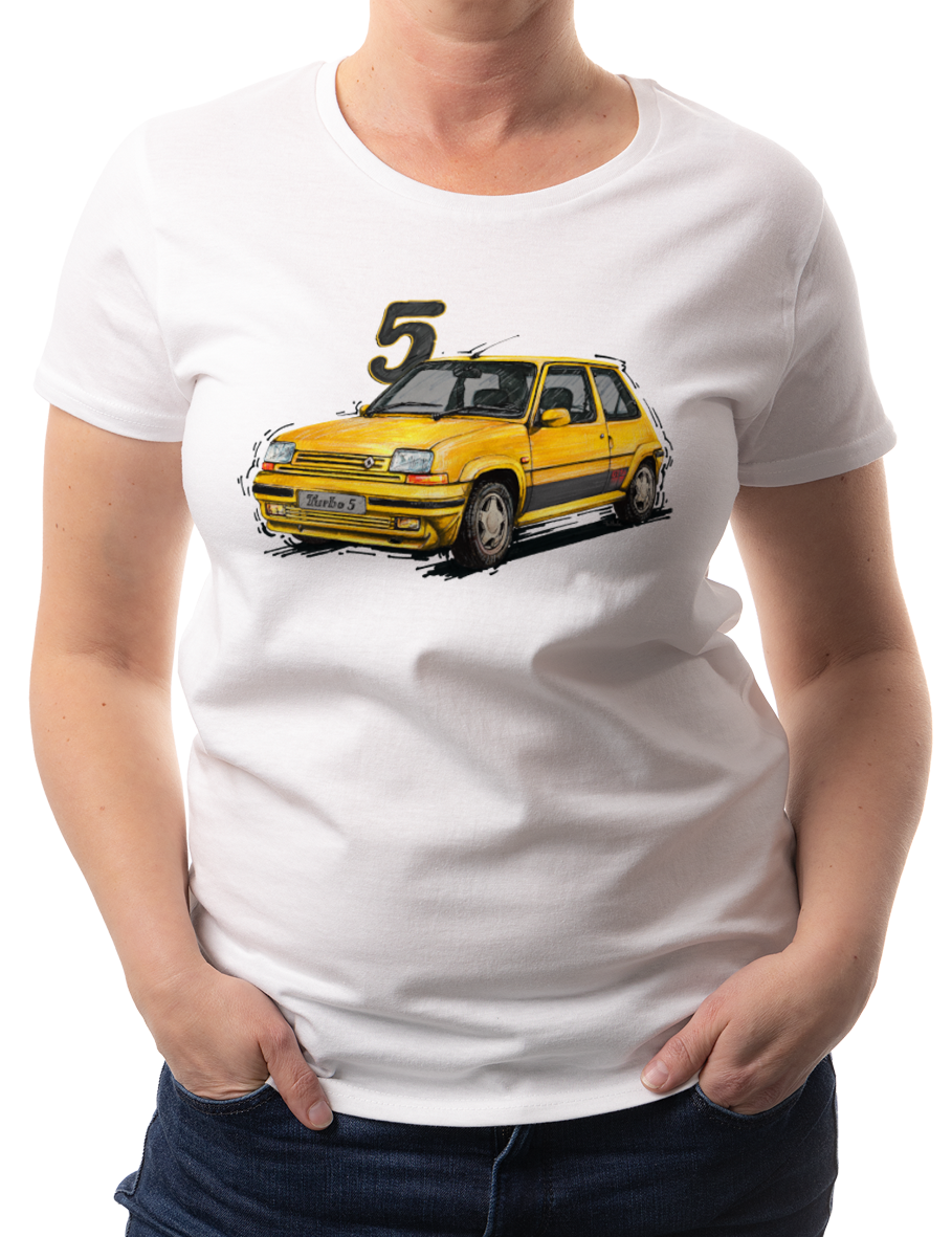 Renault 5 — koszulka (Kolor koszulki: biały; Rozmiar: 3XL (damska); Rodzaj nadruku: Renault 5)