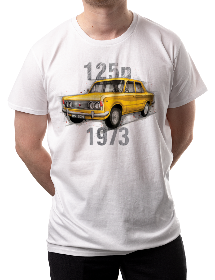Fiat 125p — koszulka (Kolor koszulki: biały; Rozmiar: 4XL (męska); Rodzaj nadruku: Fiat 125p)