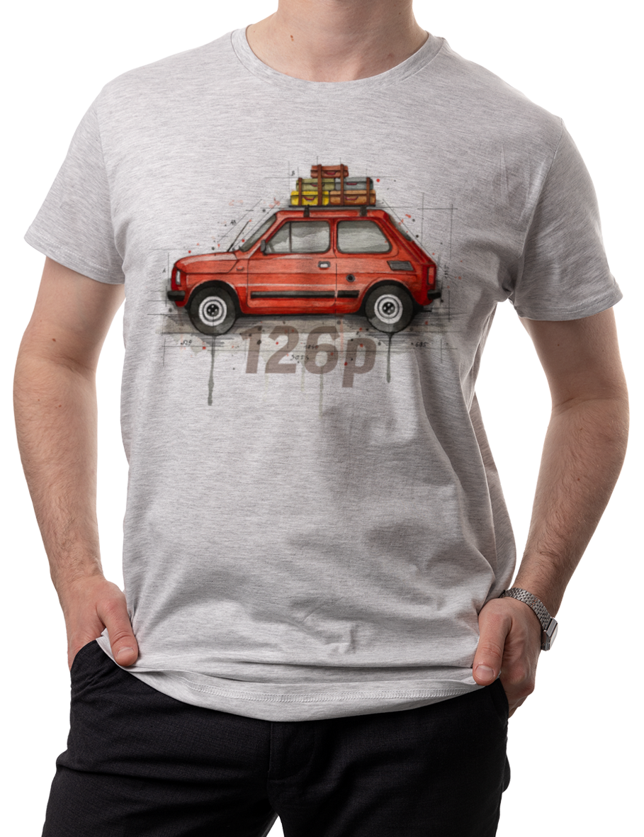 Fiat 126p — koszulka (Kolor koszulki: jasnoszary melanż; Rozmiar: L (męska); Rodzaj nadruku: Fiat 126p)