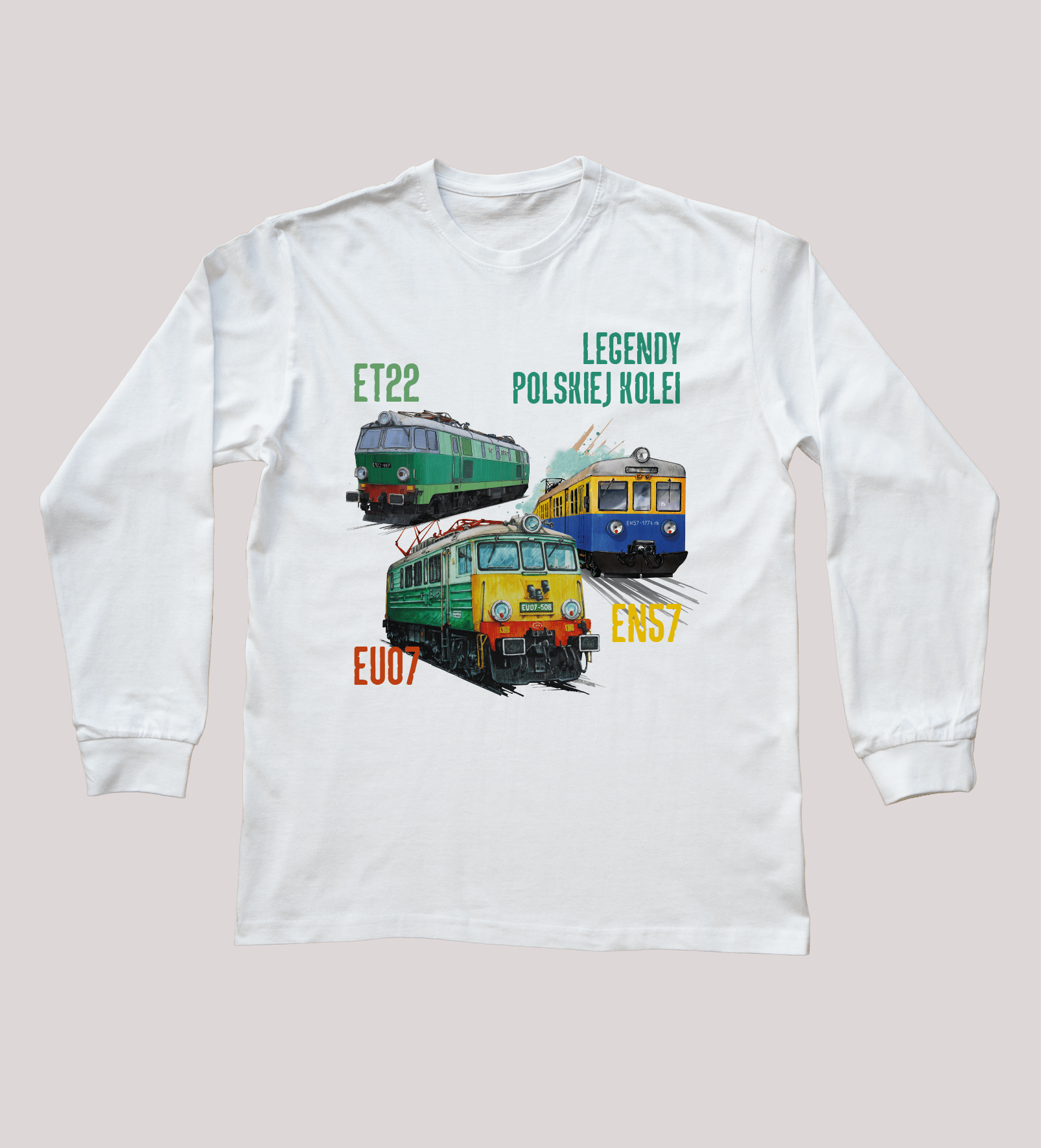 Bluzka z długim rękawem dla fana pociągów (Rozmiar: 3XL (dorosła); Kolor koszulki: biały; Rodzaj nadruku: KOLMIX)