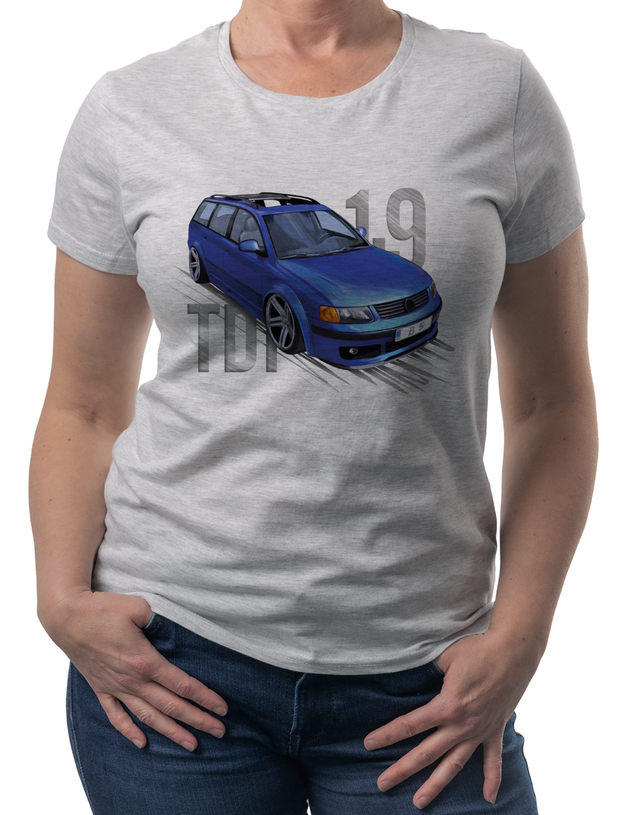 VW Passat B5 — koszulka (Kolor koszulki: jasnoszary melanż; Rozmiar: 3XL (damska); Rodzaj nadruku: Volkswagen Passat B5)