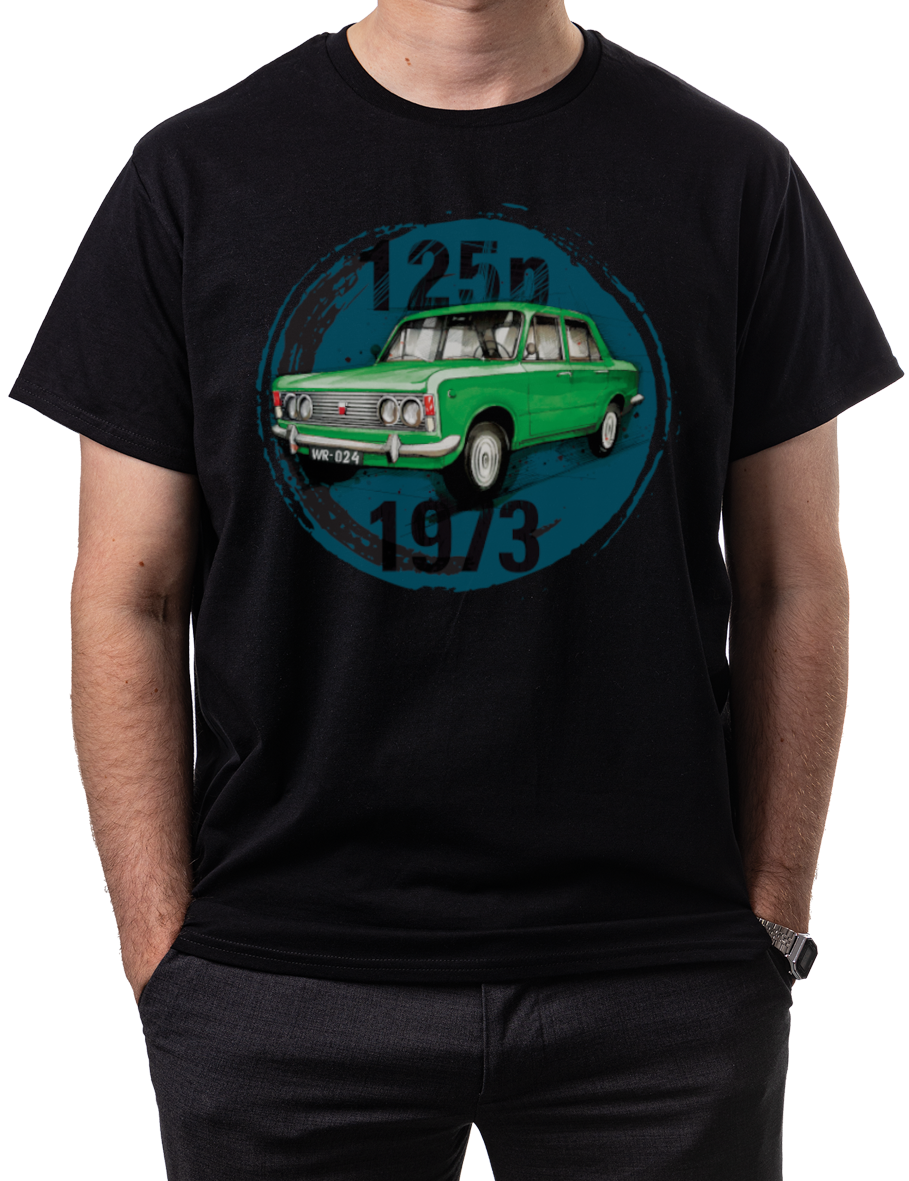 Fiat 125p — koszulka (Kolor koszulki: czarny; Rozmiar: M (męska); Rodzaj nadruku: Fiat 125p)