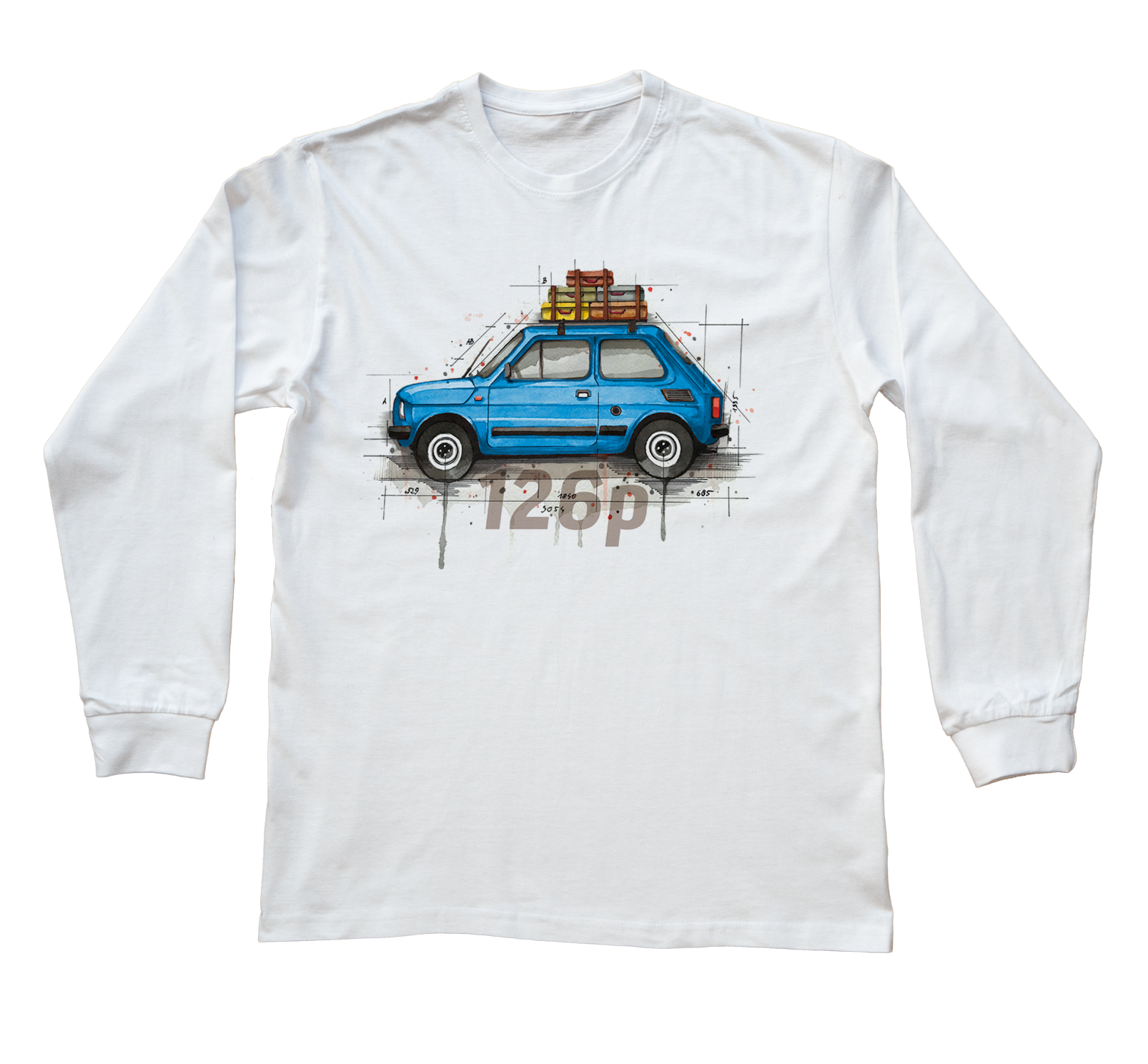 Fiat 126p — bluzka z długim rękawem (Rozmiar: S (dorosła); Kolor koszulki: biały; Rodzaj nadruku: Fiat 126p)