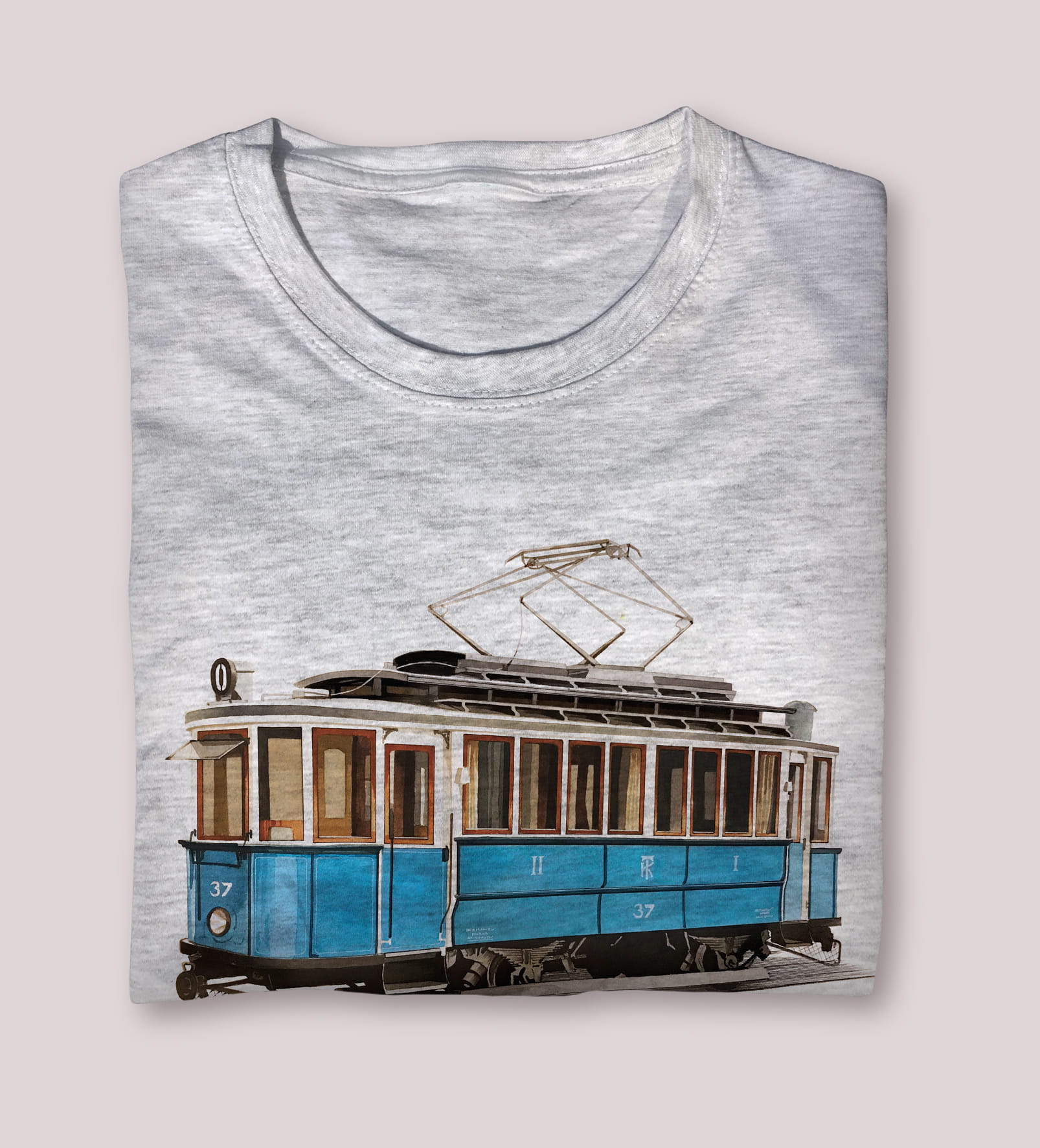 Sanok — koszulka (Kolor koszulki: jasnoszary melanż; Rozmiar: 5XL (męska); Rodzaj nadruku: Tramwaj)