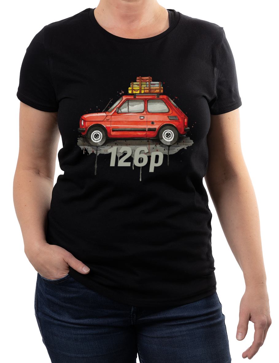 Fiat 126p — koszulka (Kolor koszulki: czarny; Rozmiar: L (damska); Rodzaj nadruku: Fiat 126p)