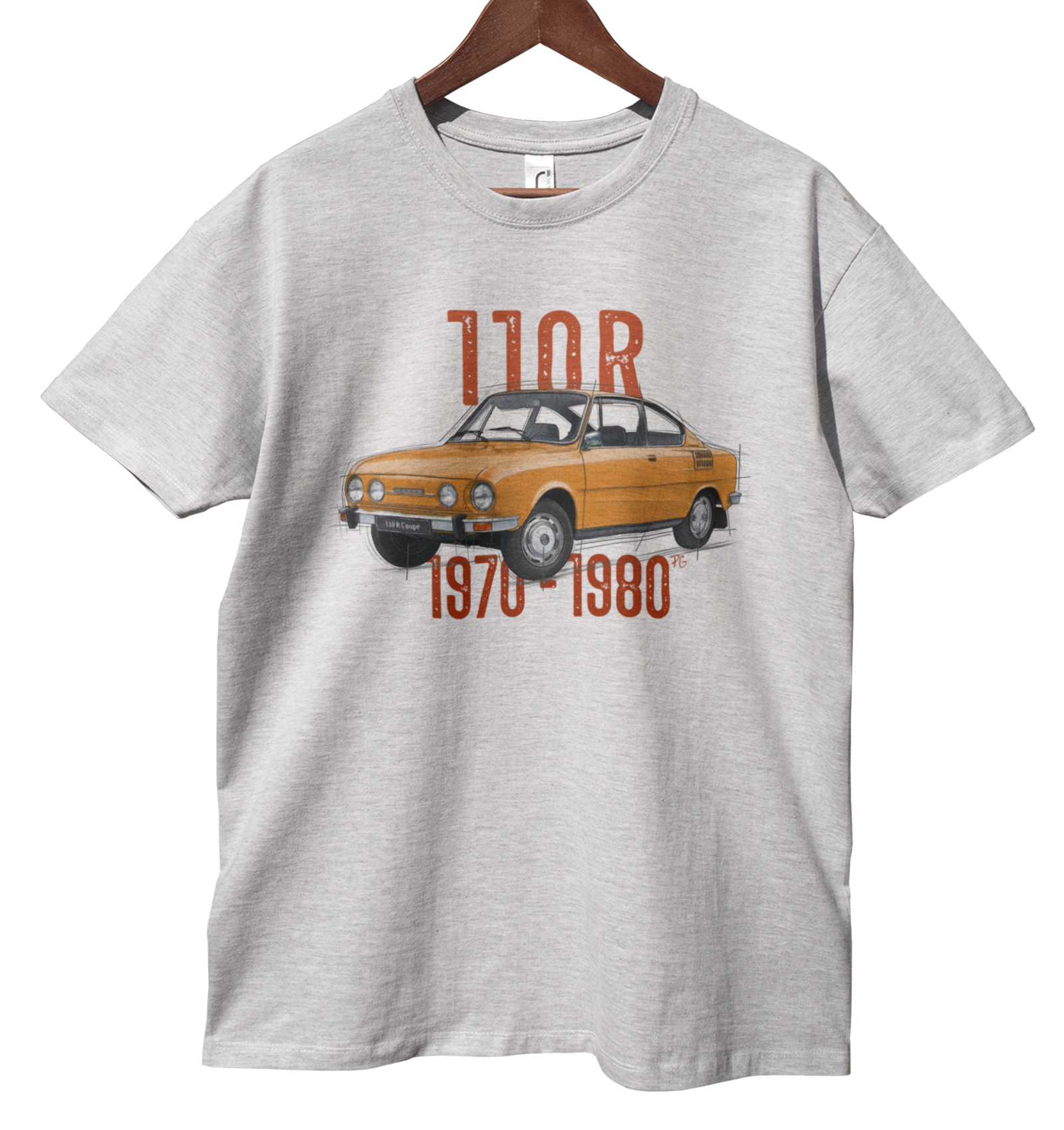 Škoda 110 R — koszulka (Kolor koszulki: jasnoszary melanż; Rozmiar: 4XL (męska); Rodzaj nadruku: Škoda 110 R)