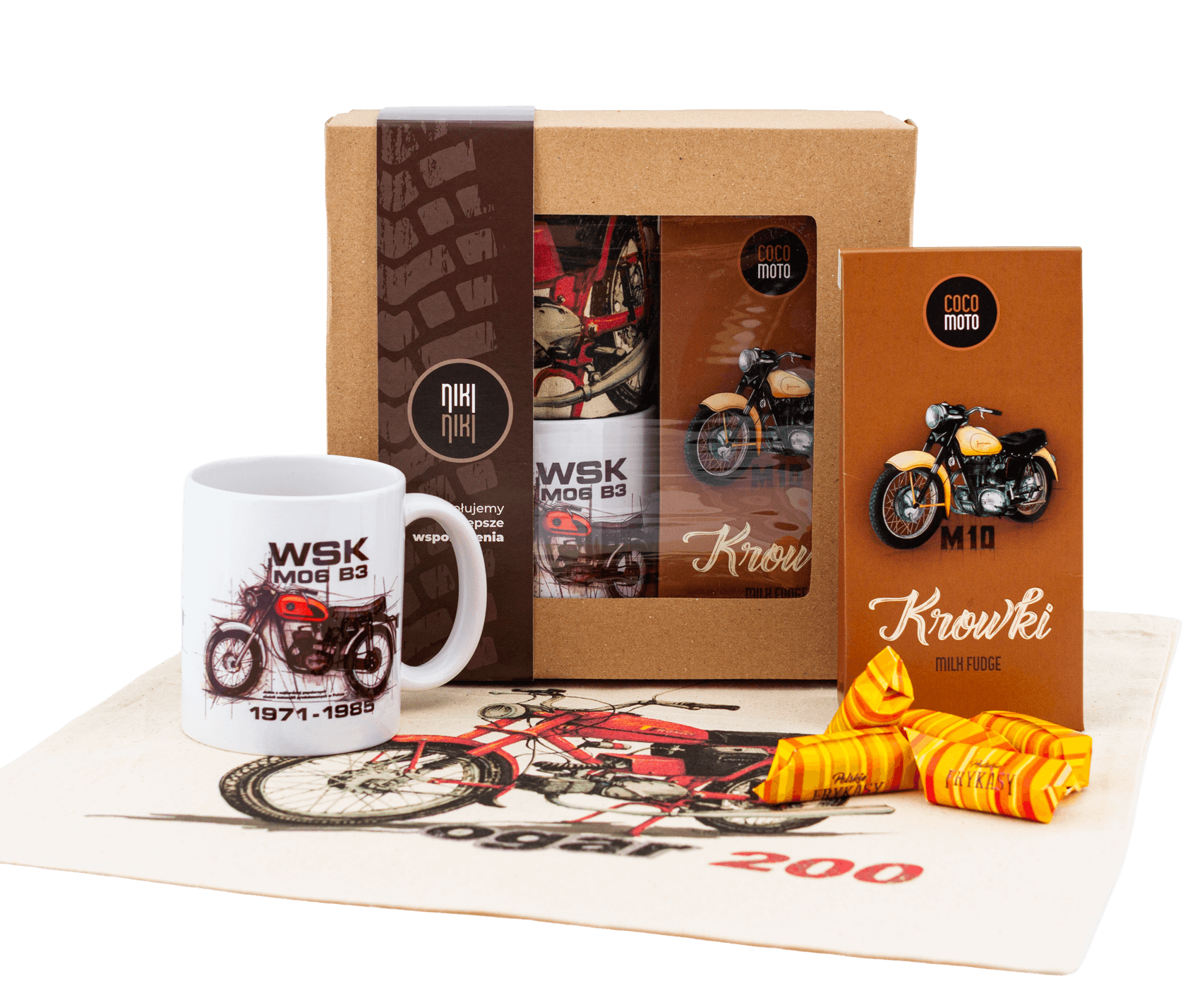 Zestaw prezentowy dla fana motocykli (Zawartość paczki: koszulka, torba, kubek, słodycze; Rozmiar koszulki / bluzy: M (damska); Kolor koszulki / bluzy