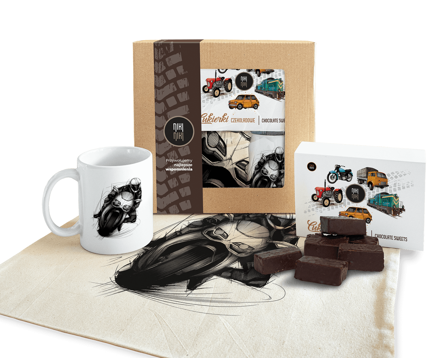 Ścigacz — paczka (Zawartość paczki: bluza, torba, kubek, słodycze; Rozmiar koszulki / bluzy: L; Kolor koszulki / bluzy: szary; Rodzaj nadruku: Ścigacz