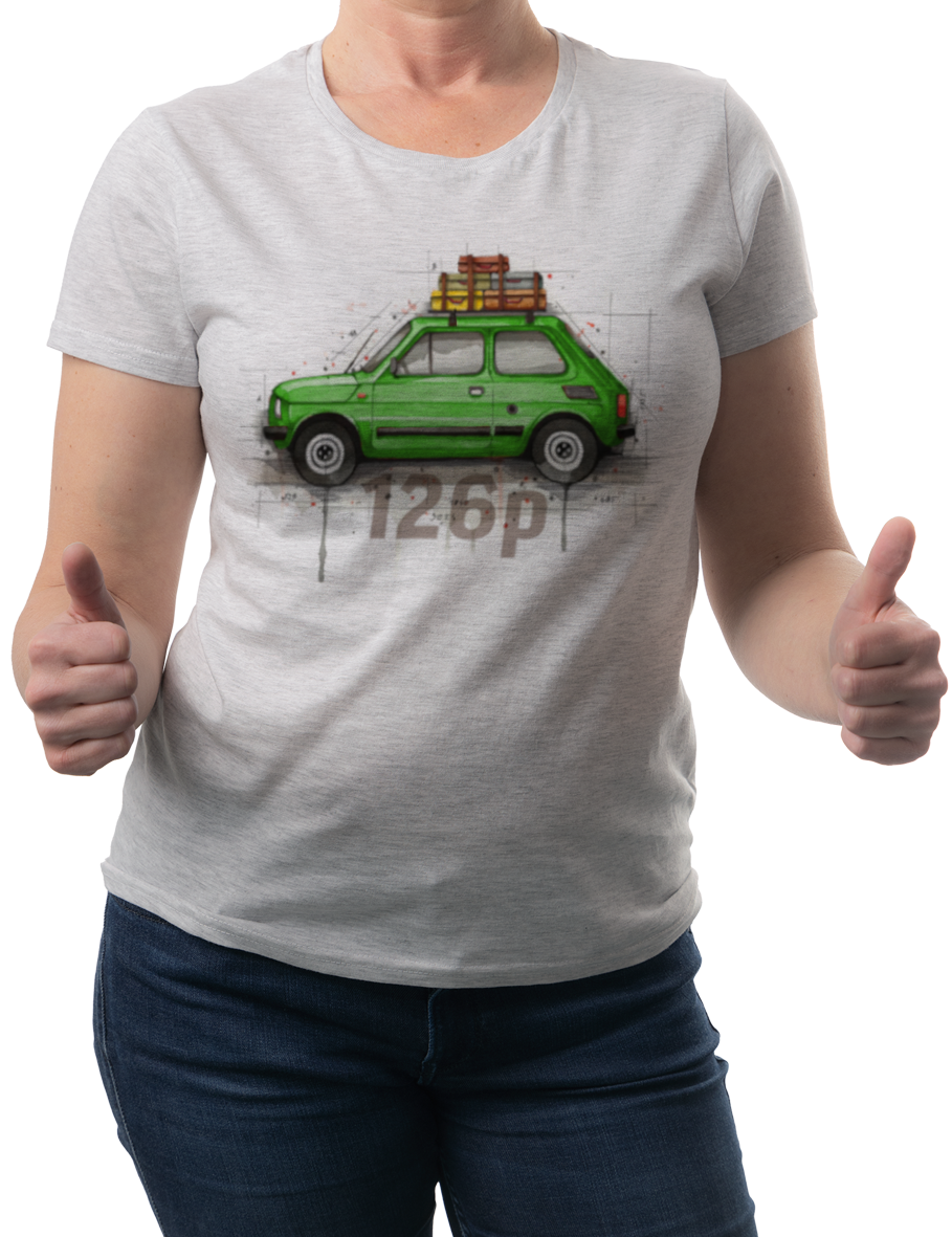Fiat 126p — koszulka (Kolor koszulki: jasnoszary melanż; Rozmiar: XXL (damska); Rodzaj nadruku: Fiat 126p)